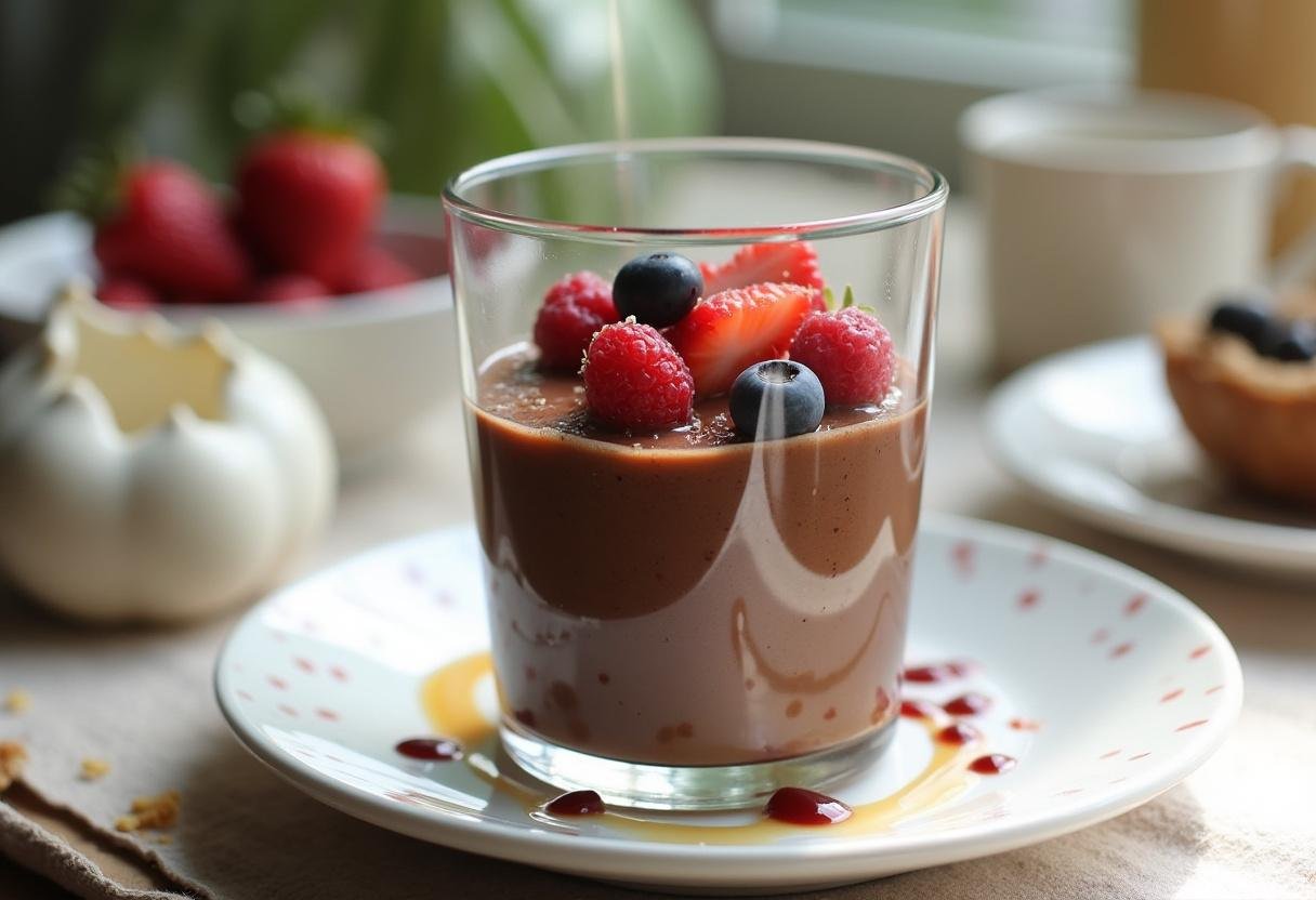Finished Chocolate Chia Pudding with berries and honey, ready to enjoy.