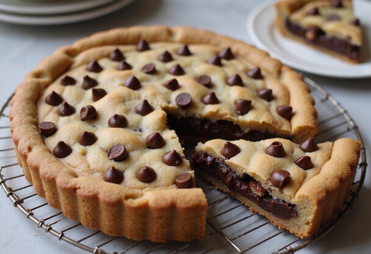 Deliciously baked chocolate chip cookie pie, perfect for dessert lovers.