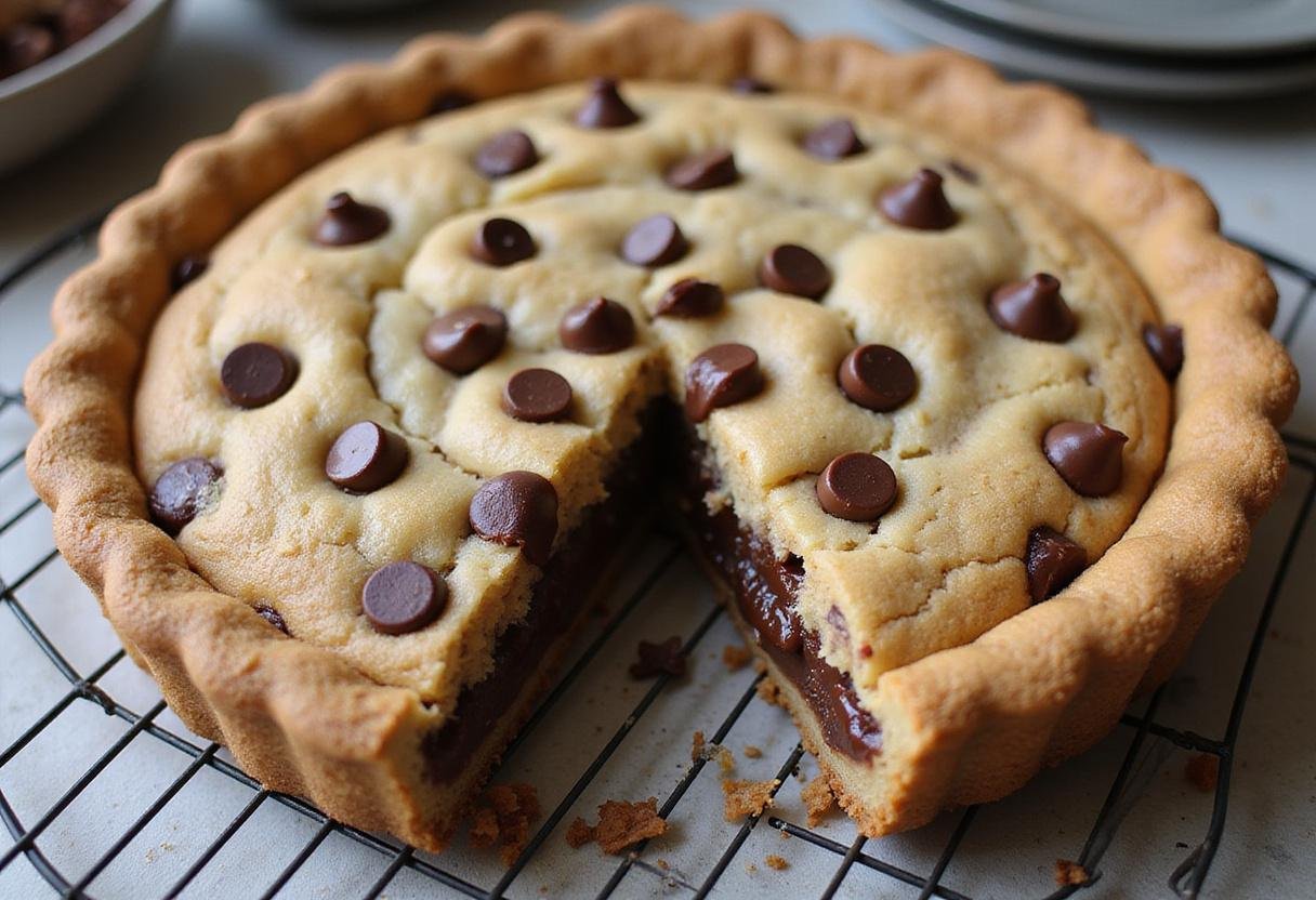 Deliciously baked chocolate chip cookie pie, perfect for dessert lovers.