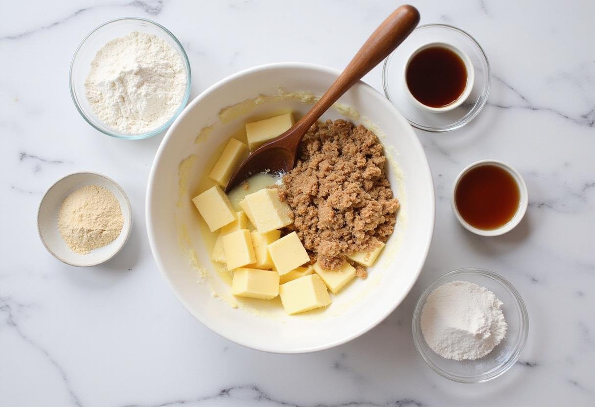 Creaming butter and brown sugar together for a delicious chocolate chip cookie pie.