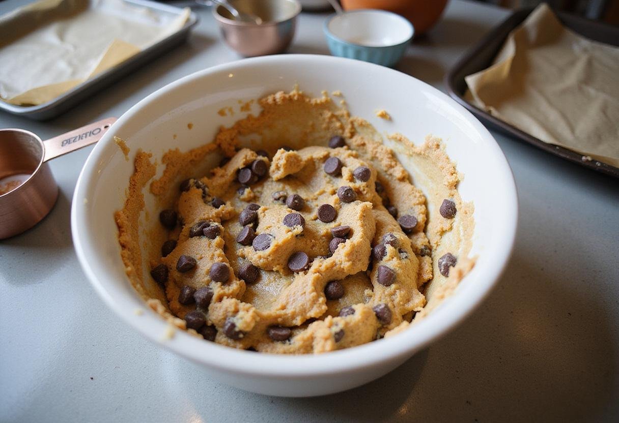 Mixing chocolate chip cookie dough for the perfect pie base.
