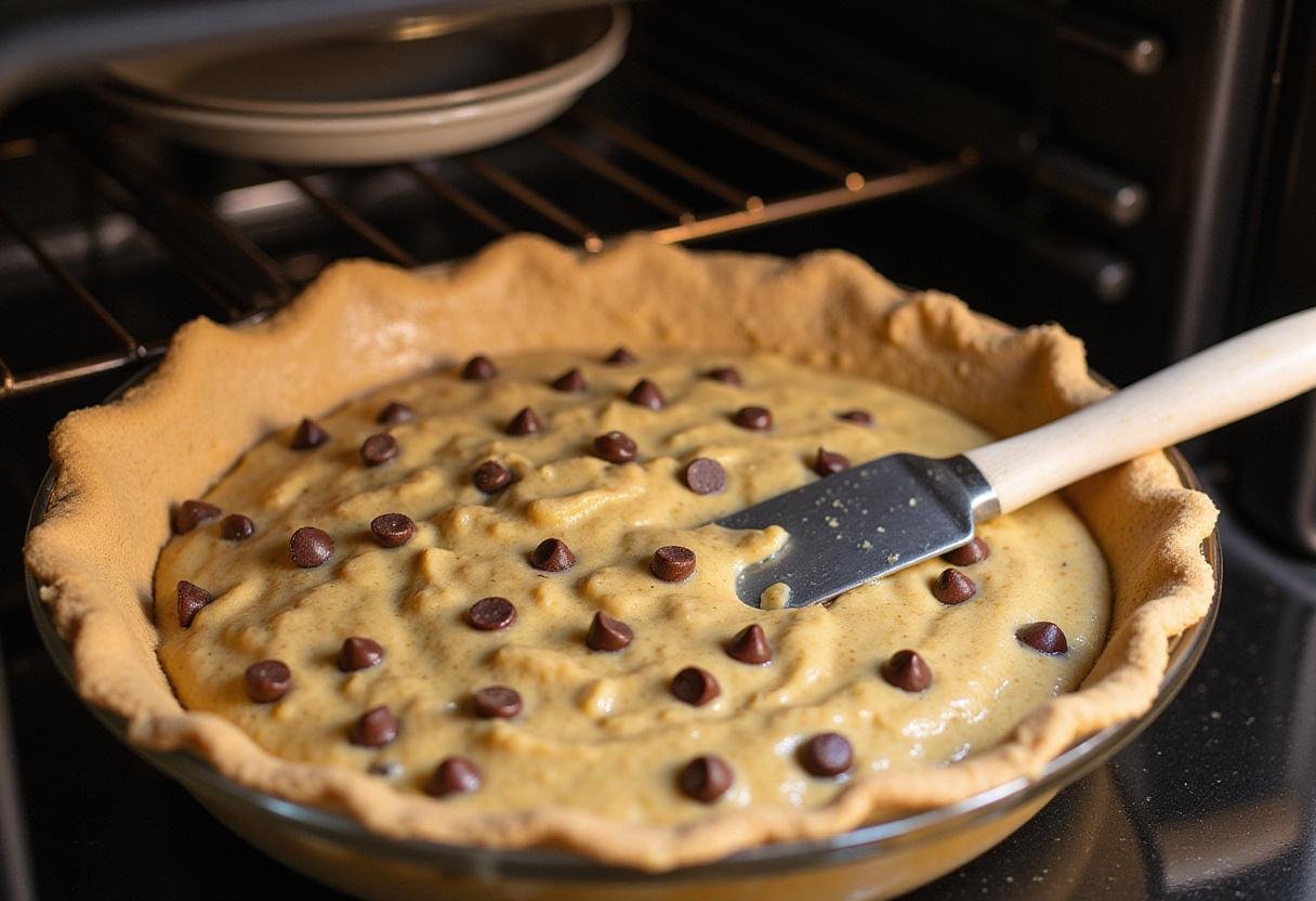 Filling a pie dish with rich chocolate chip cookie dough for baking.