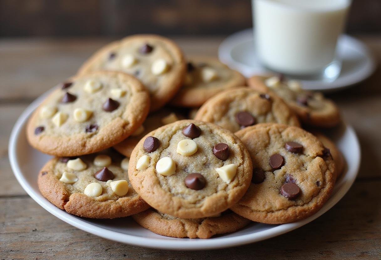 A stunning display of chocolate chip cookie variations served with milk, perfect for cookie lovers.