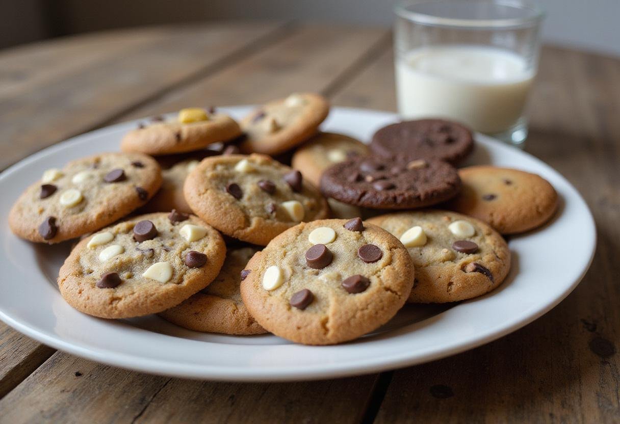 A stunning display of chocolate chip cookie variations served with milk, perfect for cookie lovers.