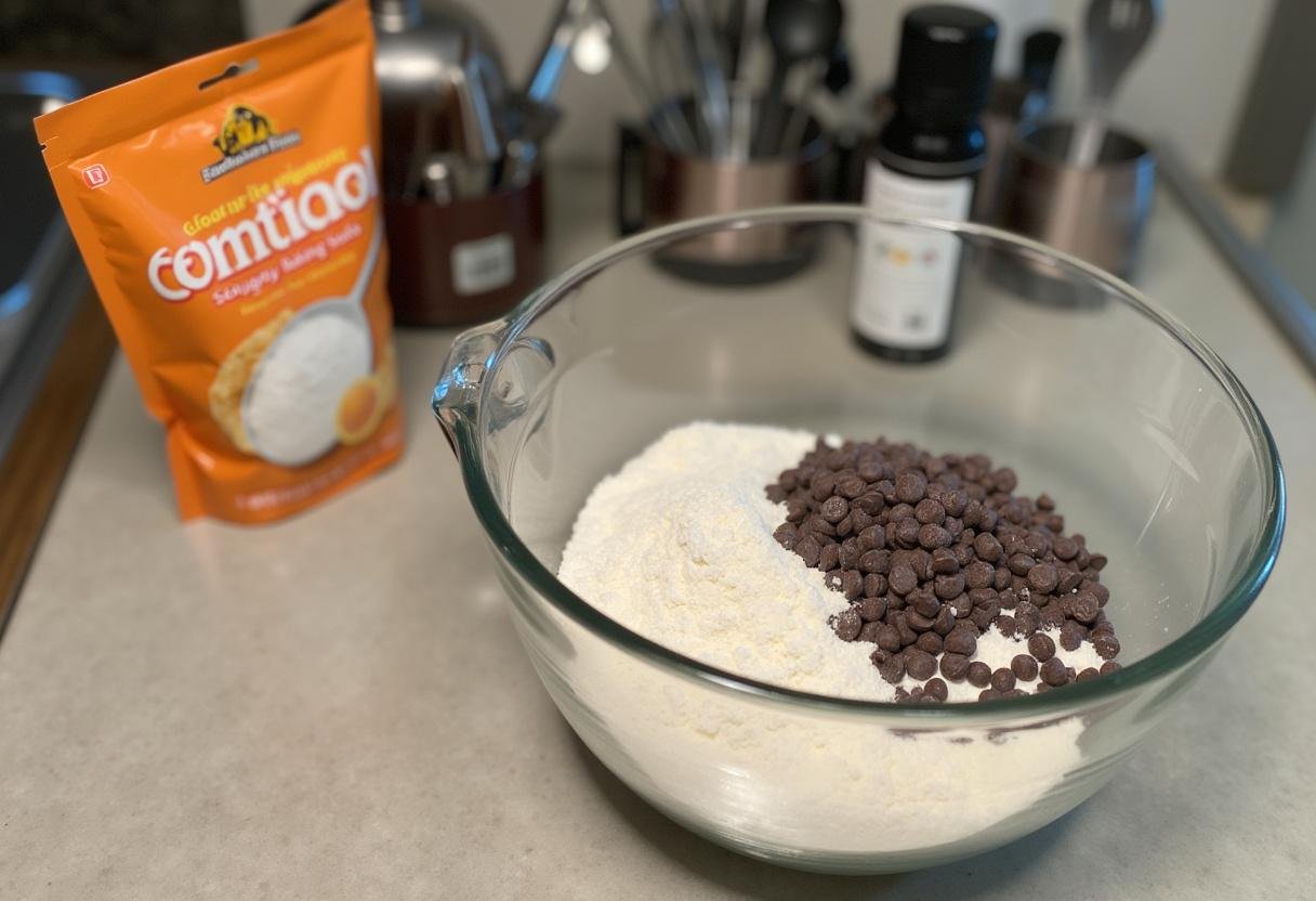 Preparing ingredients for chocolate chip cookie variations, including flour, sugar, and chocolate chips.