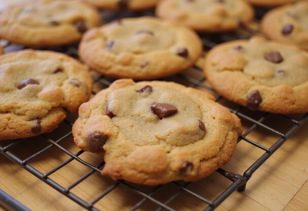 A display of freshly baked chocolate chip cookie variations on a cooling rack, highlighting unique flavors like caramel and cheesecake chocolate chip cookies.