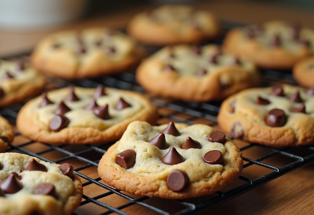 A display of freshly baked chocolate chip cookie variations on a cooling rack, highlighting unique flavors like caramel and cheesecake chocolate chip cookies.