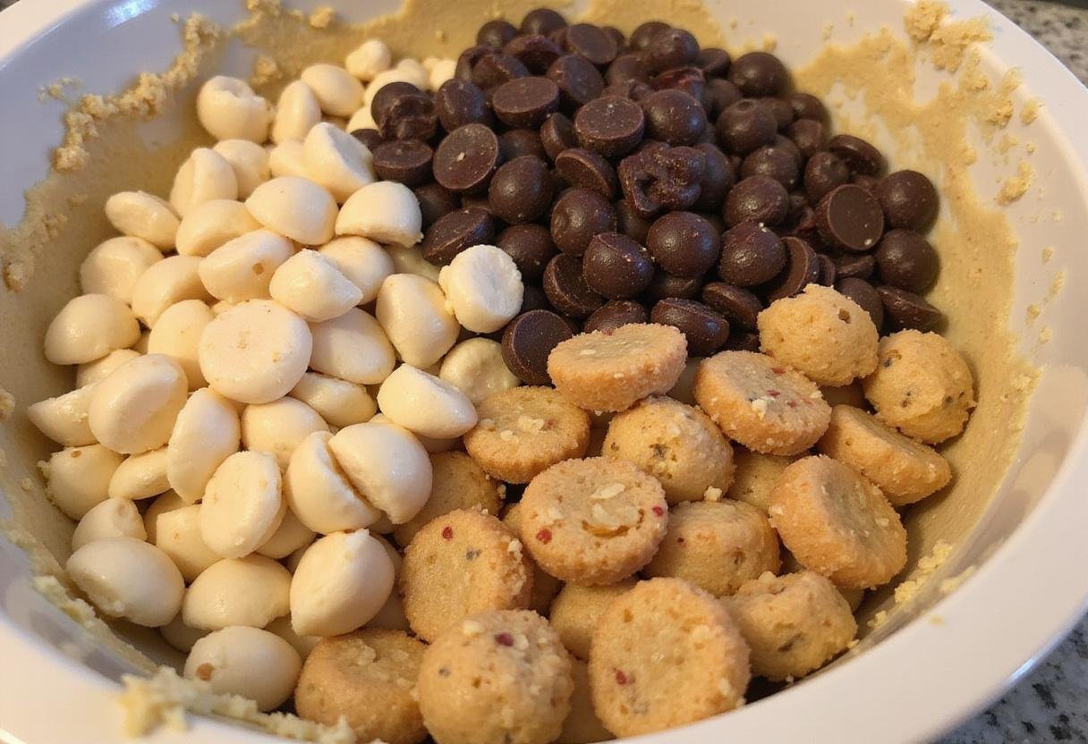 A mixing bowl filled with chocolate chip cookie batter being mixed with chunks of caramel and cherries for a unique chocolate chip cookie recipe.