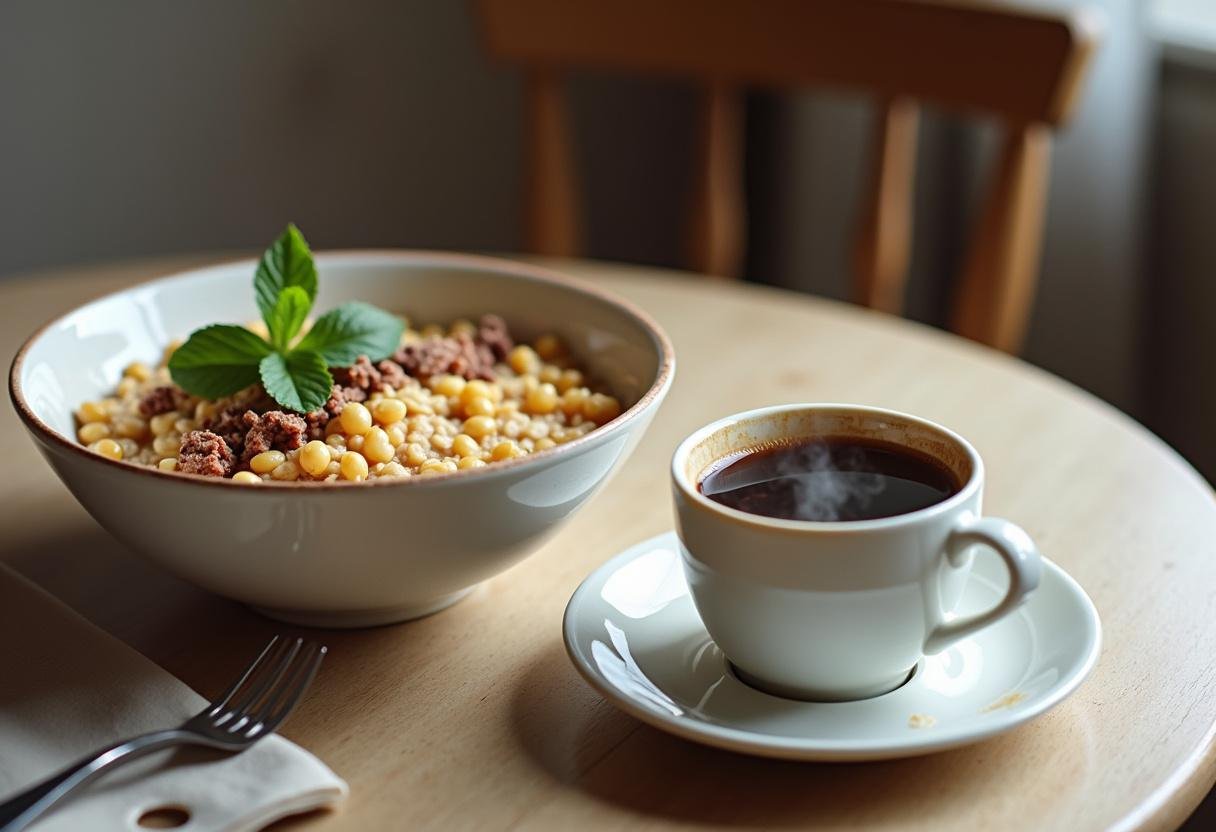 Beautifully presented final dish of Classic Oatmeal Recipes, highlighting the oatmeal topped with apples, surrounded by coffee and stylish decor.