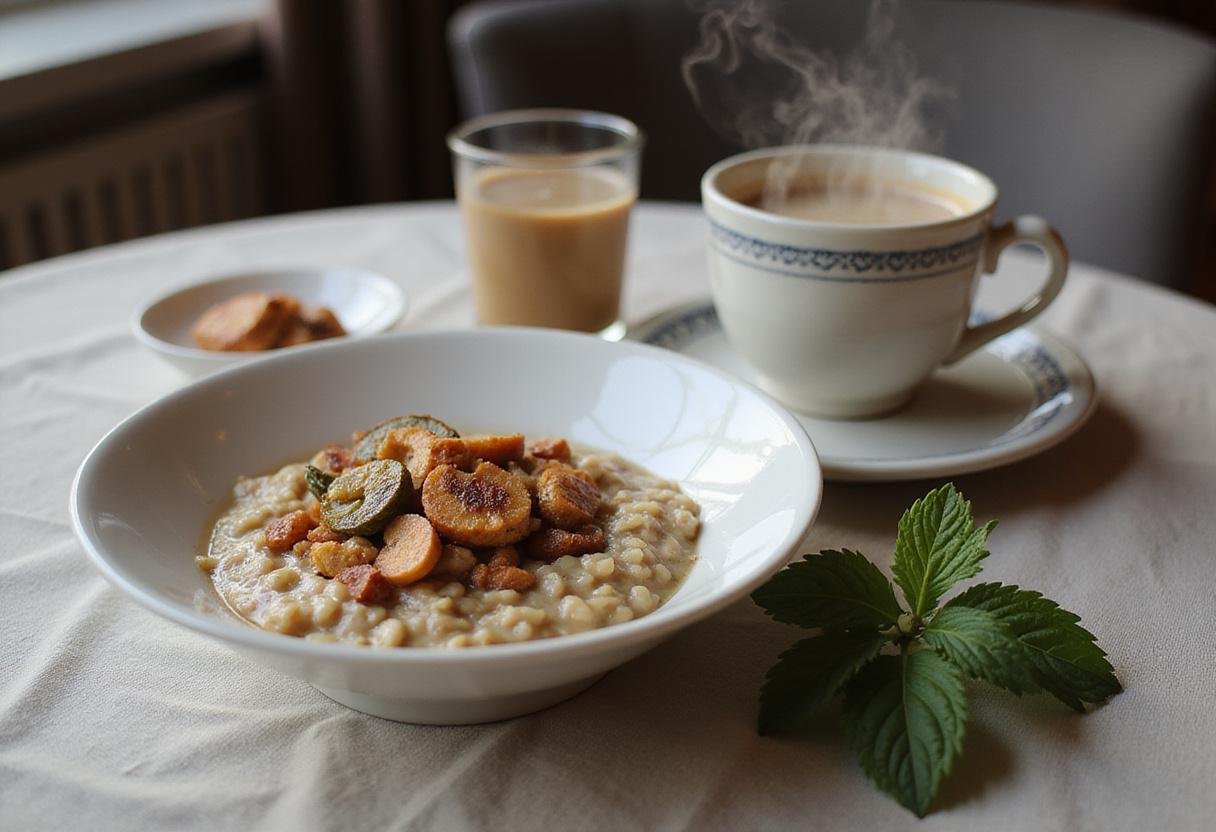 Beautifully presented final dish of Classic Oatmeal Recipes, highlighting the oatmeal topped with apples, surrounded by coffee and stylish decor.