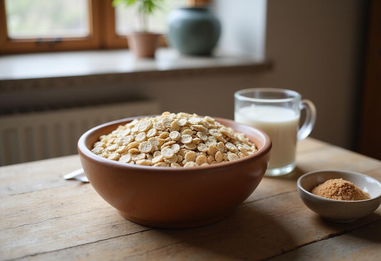 Ingredients for Classic Oatmeal Recipes including Quaker oats, milk, and brown sugar set on a wooden counter.