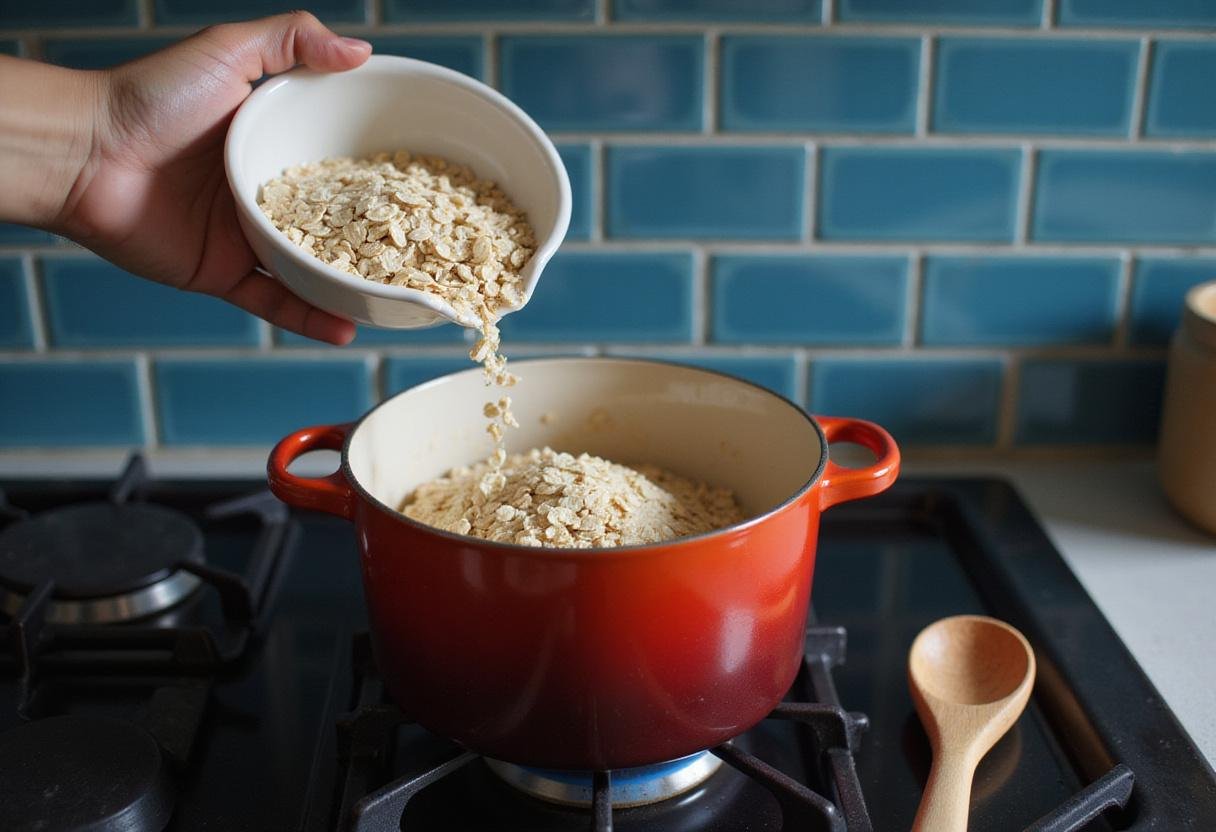 Cooking process of Classic Oatmeal Recipes featuring rolled oats being added to a pot, perfect for making a comforting oatmeal base.