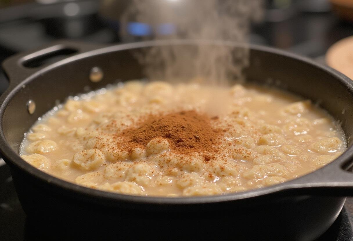 Bubbling oatmeal in a pot, showcasing the thickness and texture, integral to Classic Oatmeal Recipes.
