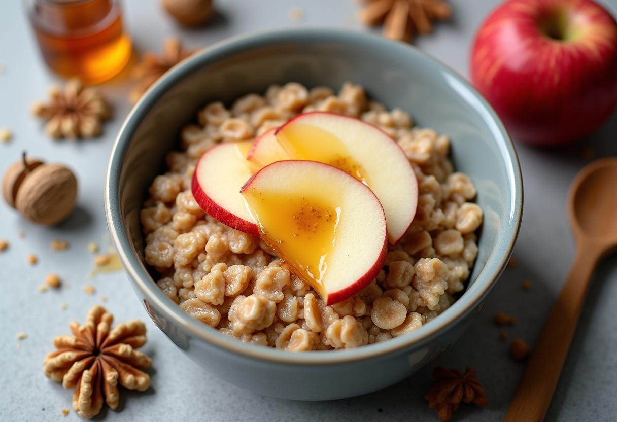Delicious bowl of oatmeal served with sliced apples and honey, representing a delightful option in Classic Oatmeal Recipes.
