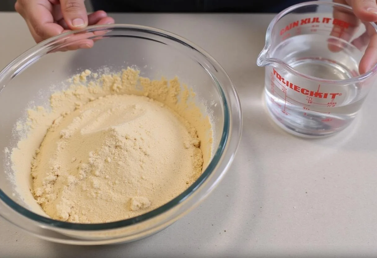 Preparation of cookie mix cake recipe with cookie mix and water in a bowl.
