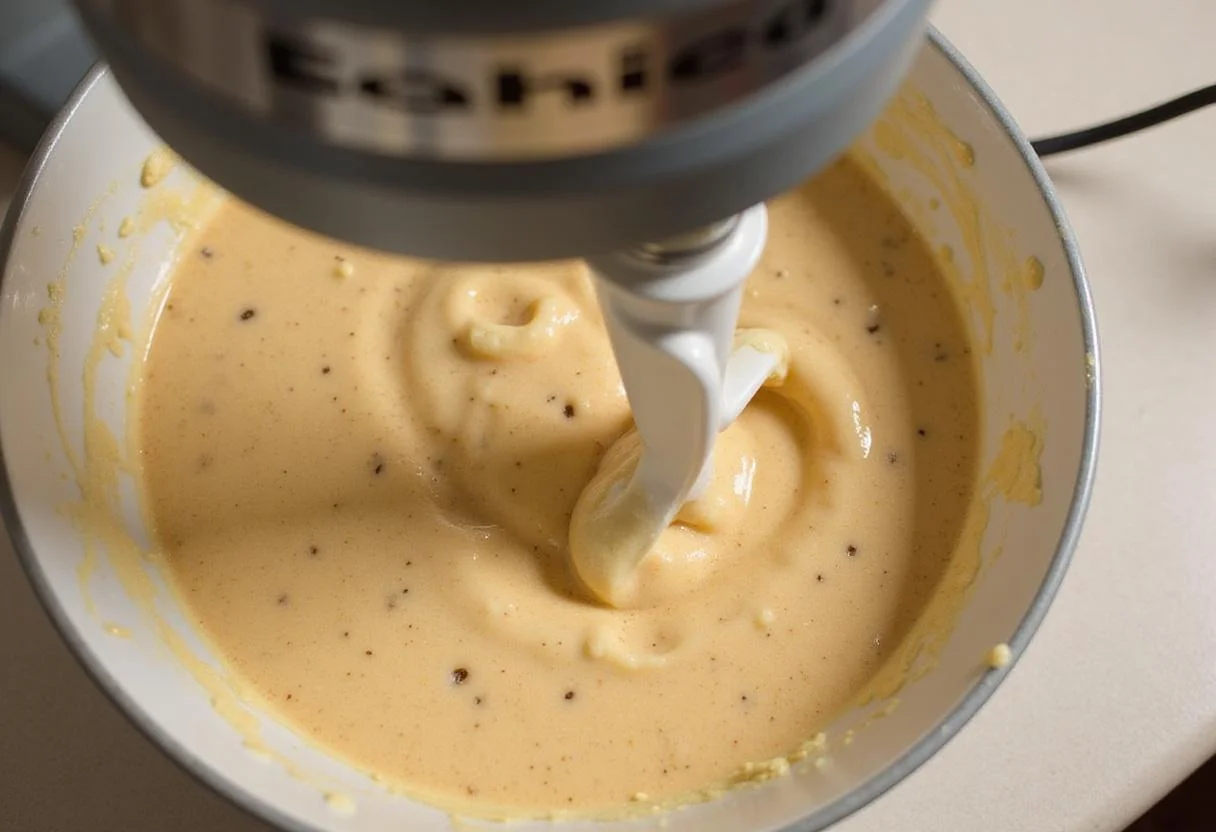 Mixing cookie mix cake batter in a bowl for the recipe.