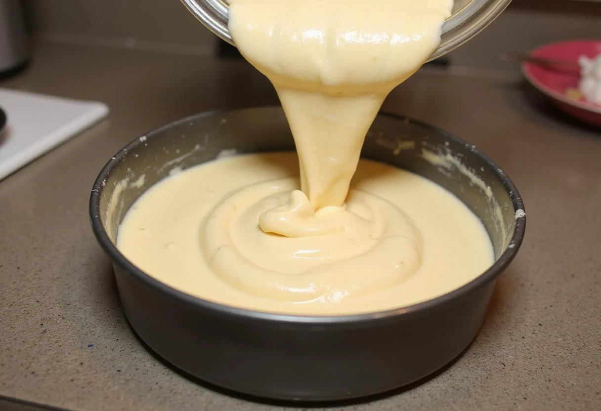 Pouring batter into a cake pan for cookie mix cake recipe preparation.