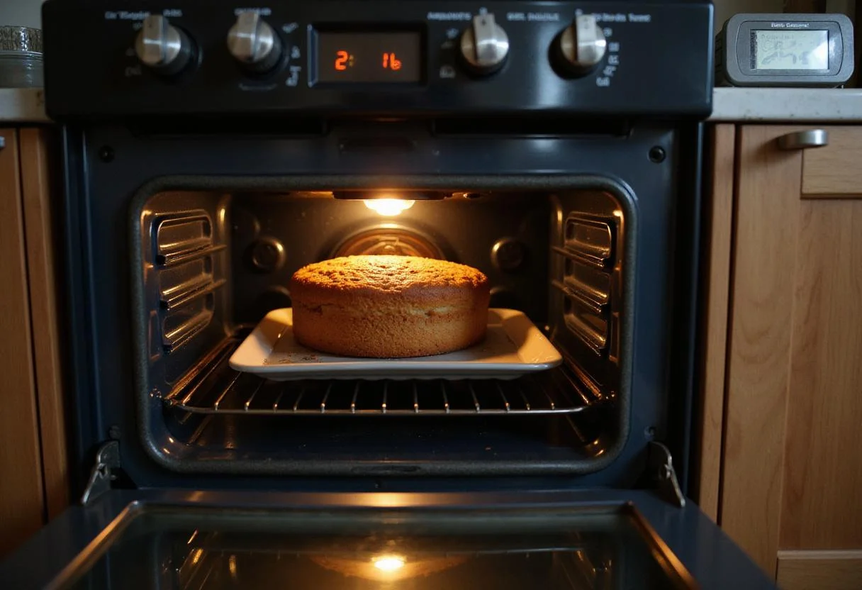 Baking cookie mix cake in the oven with a timer counting down.