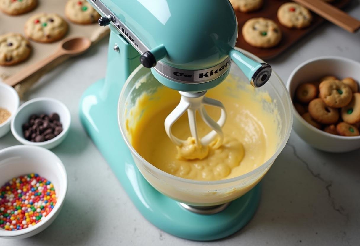 Stand mixer mixing butter and sugar for crumbl cookie recipes, showcasing the process of creating delicious crumbl cookies with added mix-ins.