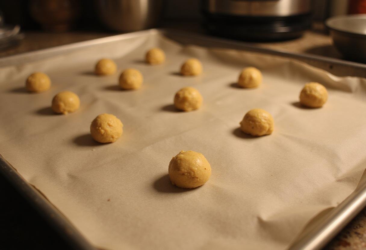 Baking sheet with cookie dough balls for crumble cookie recipes, illustrating the preparation stage of baking crumbl cookies in a cozy kitchen.