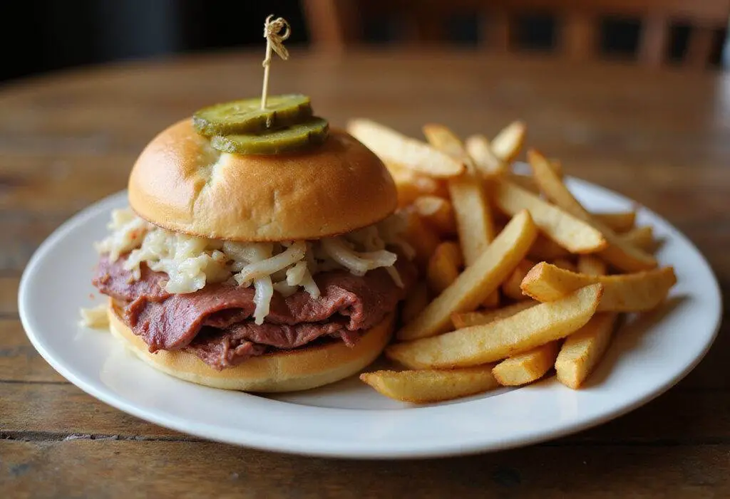 Delicious corned beef reuben sandwich with pickles and sauerkraut, elegantly plated with fries on a rustic wooden table.
