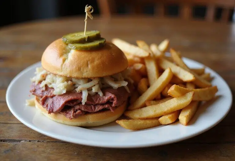 Delicious corned beef reuben sandwich with pickles and sauerkraut, elegantly plated with fries on a rustic wooden table.
