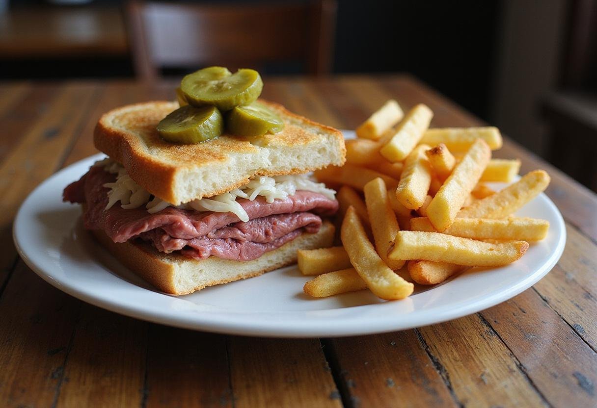 Delicious corned beef reuben sandwich with pickles and sauerkraut, elegantly plated with fries on a rustic wooden table.