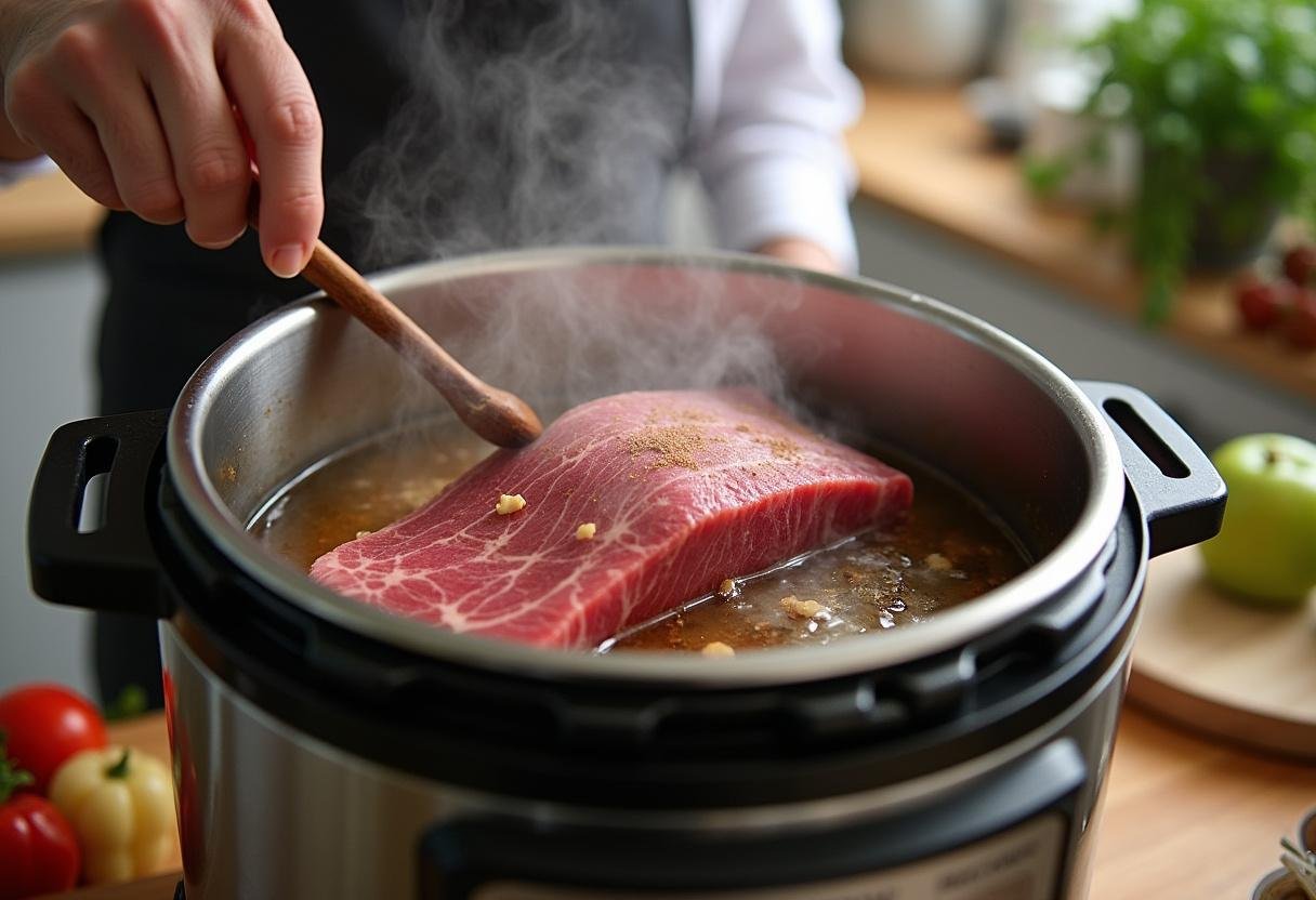 Instant pot corned beef preparation with spices and vegetables, showcasing an organized kitchen in action.