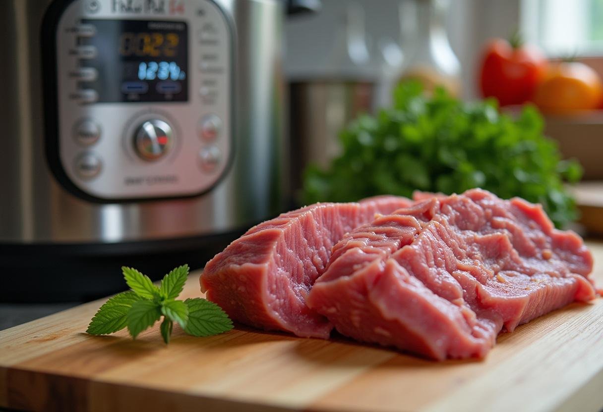 Sealed instant pot ready for corned beef cooking, with beautifully arranged ingredients visible on the countertop.