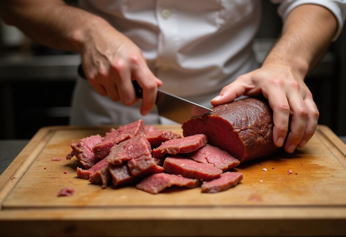Succulent sliced corned beef on a wooden board, emphasizing juicy texture and rich color in a bright kitchen ambiance.