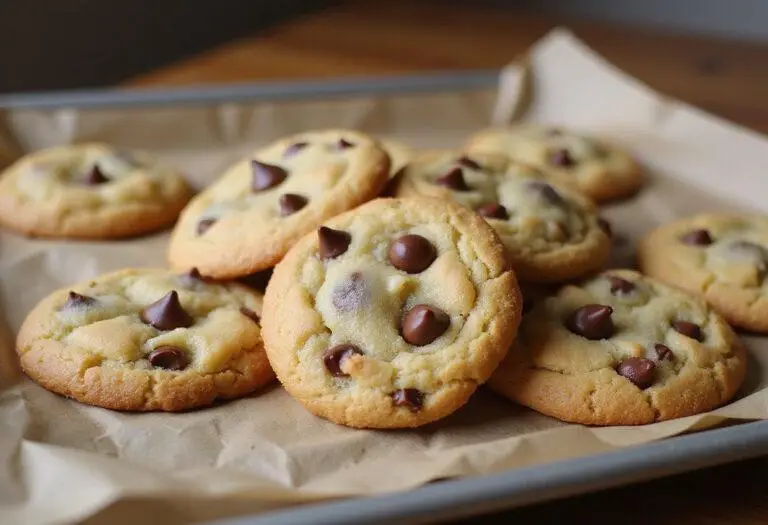 Deliciously baked cottage cheese chocolate chip cookies on a baking sheet.