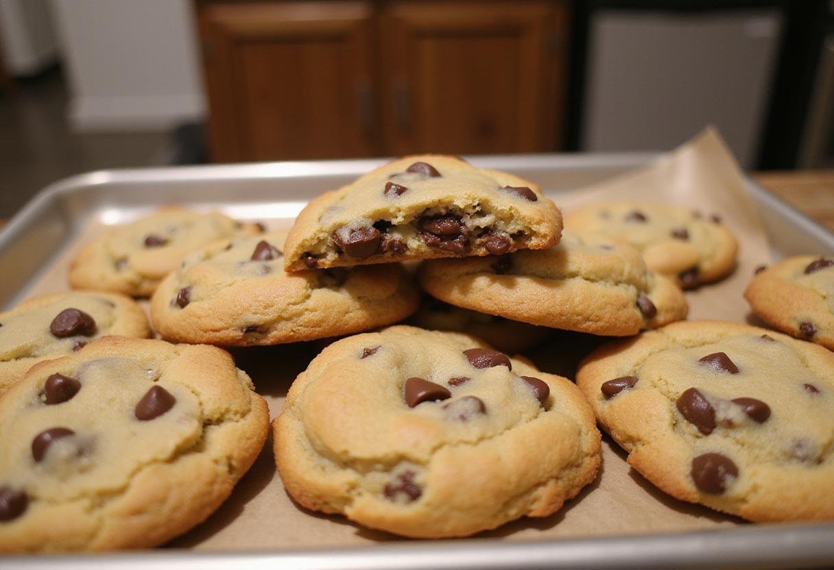 Deliciously baked cottage cheese chocolate chip cookies on a baking sheet.