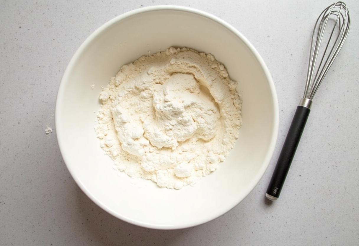 Whisking flour and baking powder for the best cottage cheese chocolate chip cookies dough.