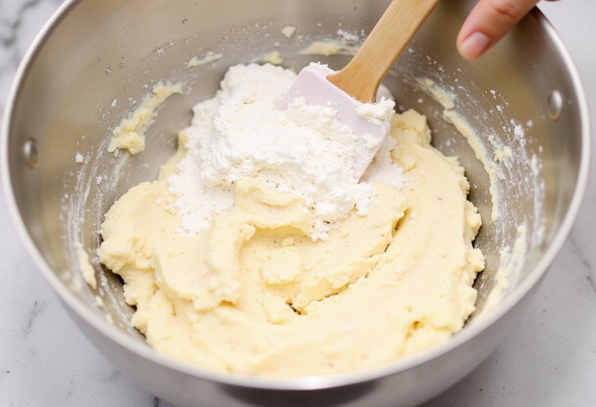 Folding together cottage cheese mixture and dry ingredients for cottage cheese chocolate chip cookies.