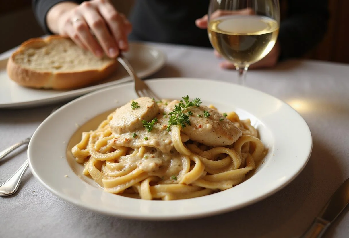Delicious creamy garlic parmesan chicken pasta served with bread and wine.