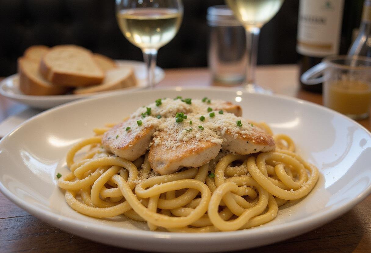 Delicious creamy garlic parmesan chicken pasta served with bread and wine.