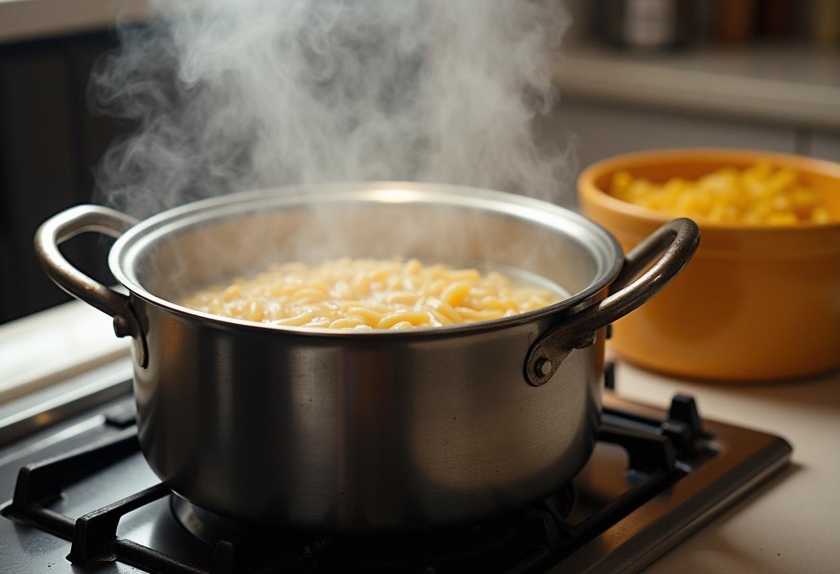 Boiling water with salt for creamy garlic parmesan chicken pasta preparation.