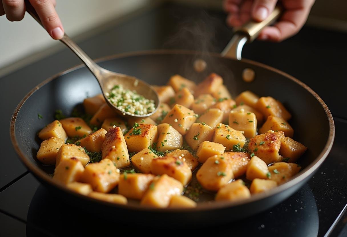 Diced chicken cooking in a skillet with garlic for garlic parmesan chicken pasta.