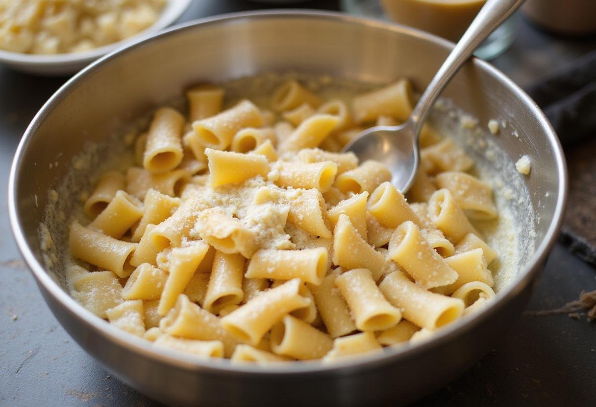 Tossing freshly cooked pasta with creamy garlic parmesan sauce.