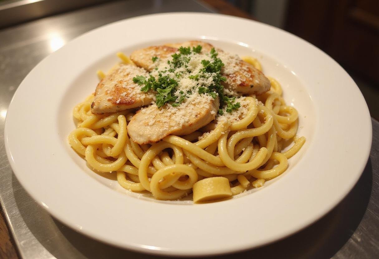 Plated creamy garlic parmesan chicken pasta garnished with parsley for a delicious meal.