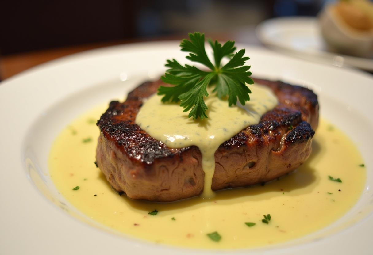 Creamy Garlic Sauce Steak garnished with parsley, ready to serve.