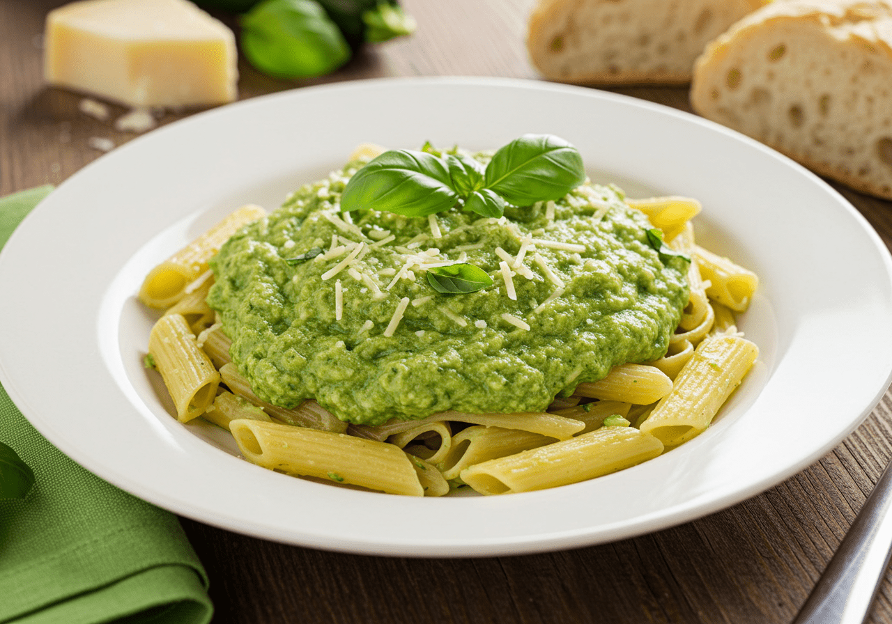A plate of pasta with creamy zucchini sauce, garnished with basil and parmesan, and served with a side of bread.