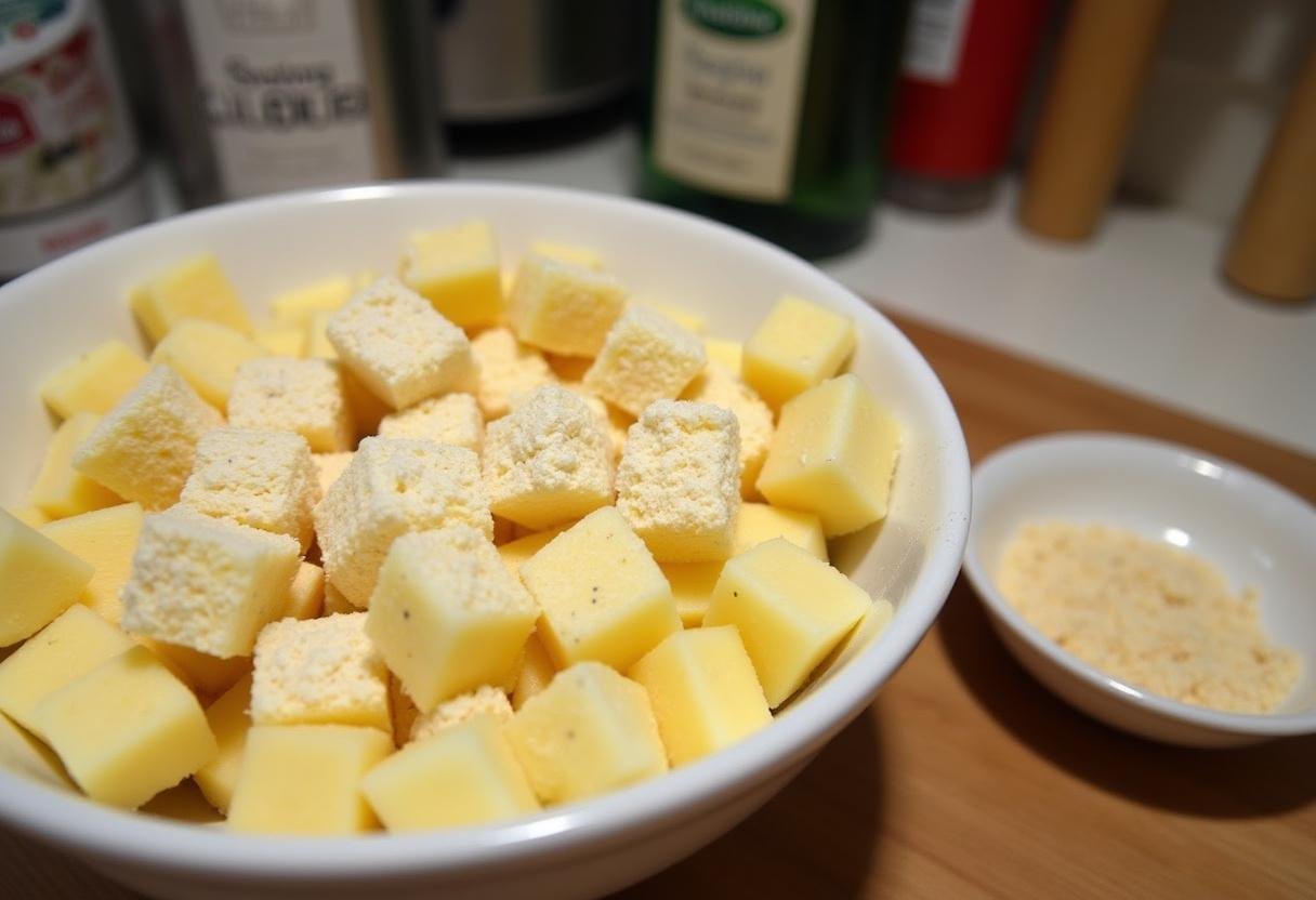 Preparing fresh cheese curds for crispy air fryer cheese curds by coating them in seasoned flour.