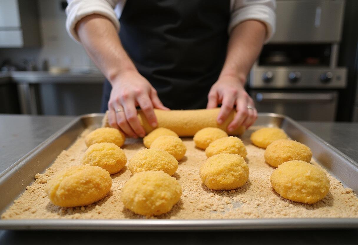 Coating cheese curds in breadcrumbs while preparing crispy cheese curds for the air fryer.