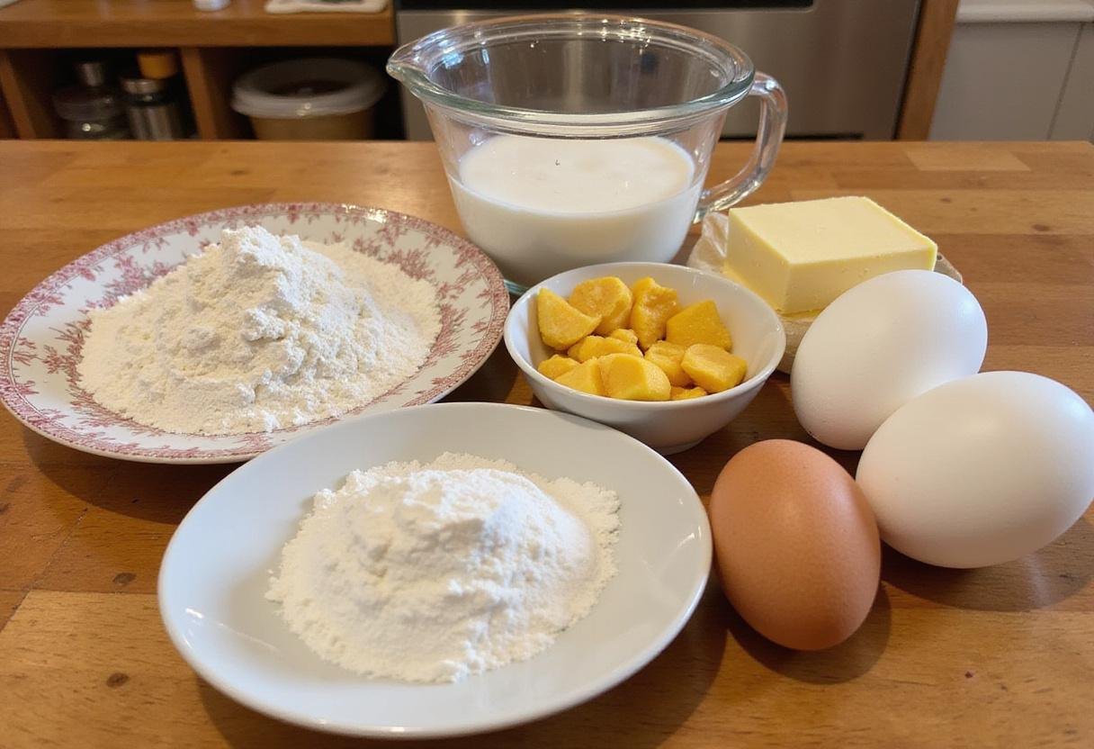 Crumbl cookie recipe ingredients including flour, sugar, butter, and eggs on a kitchen counter for crumbl cookies.