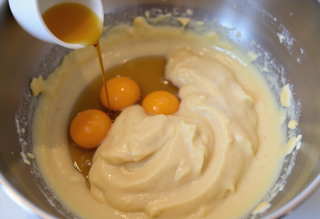 Adding eggs and vanilla to the crumbl cookie batter, an important step in the crumbl cookie recipe.