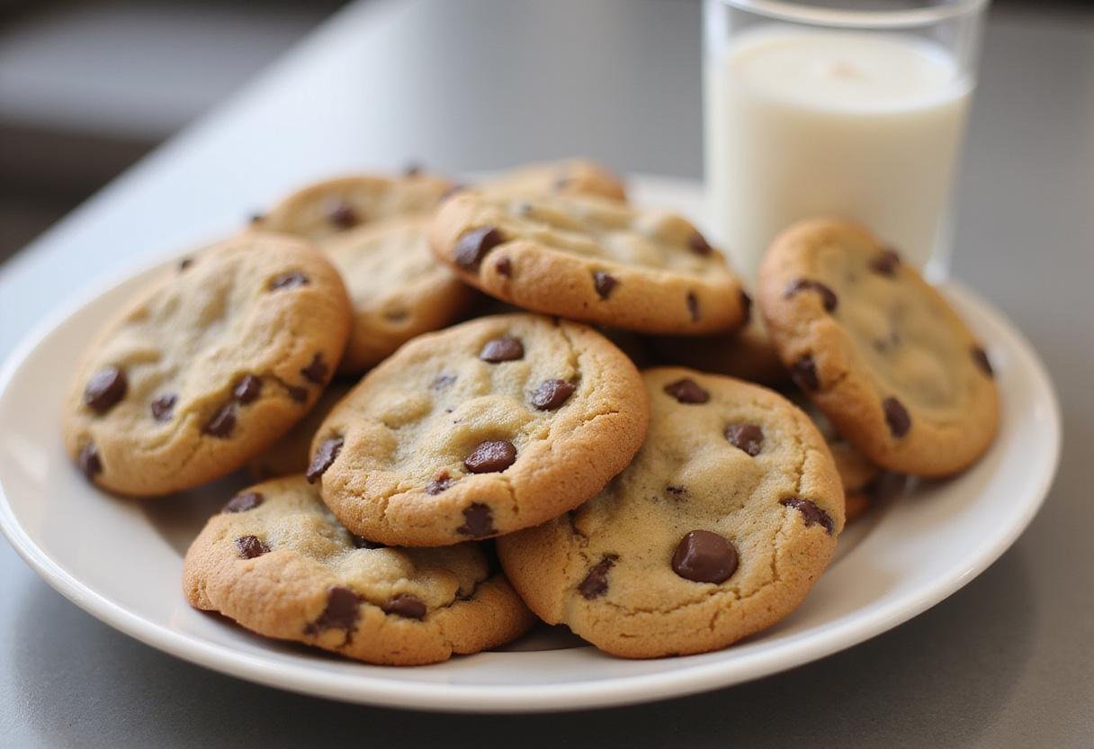 Delicious eggless chocolate chip cookies displayed on a plate - perfect treat made without eggs.