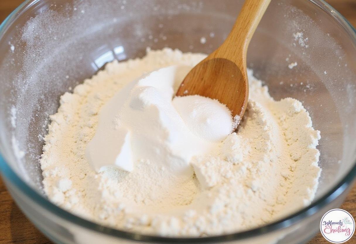 Mixing dry ingredients for eggless chocolate chip cookies recipe - flour, baking soda, and sugar combined in a bowl.