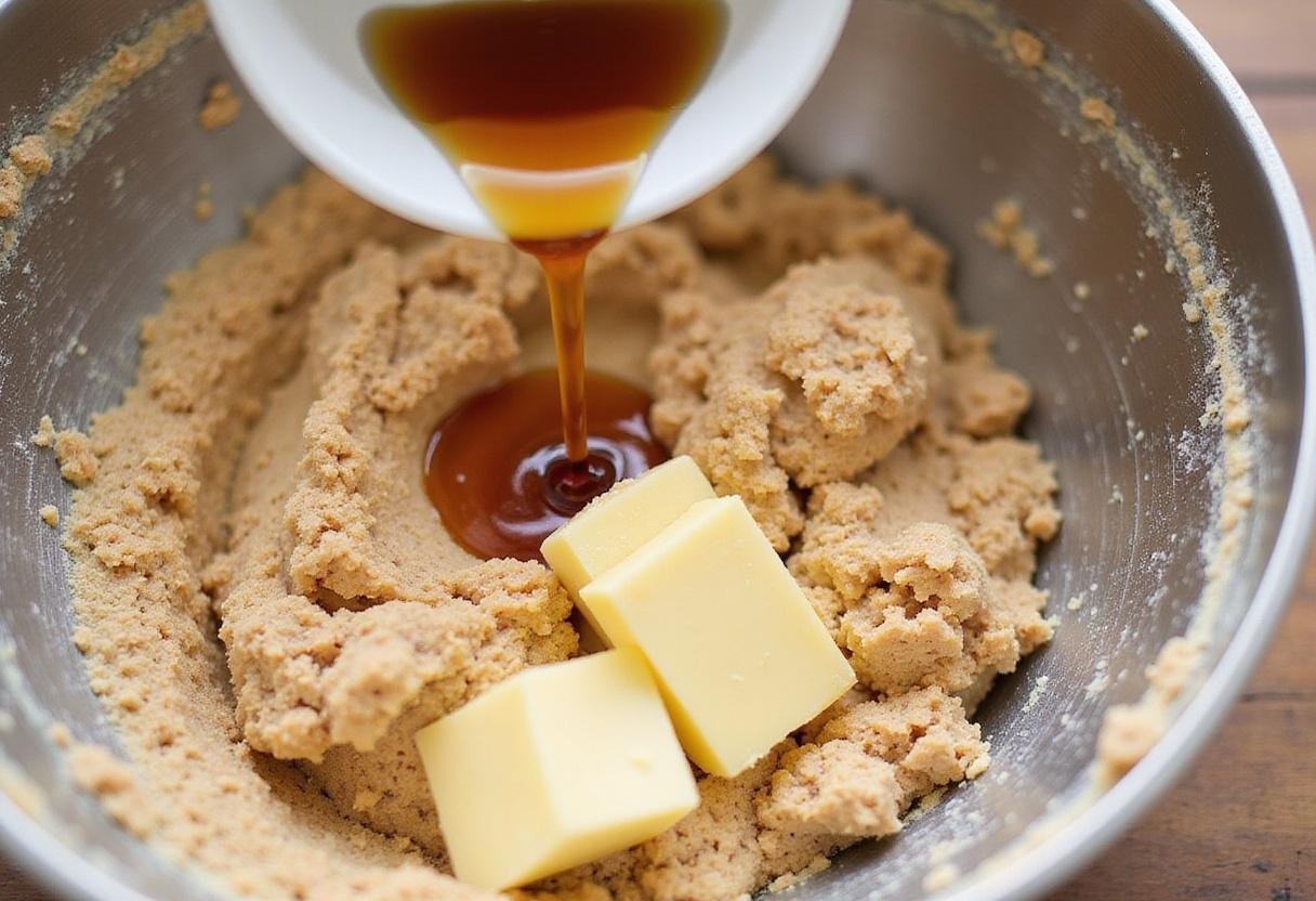 Adding melted butter and vanilla extract for eggless chocolate chip cookies - creating a rich dough without eggs.