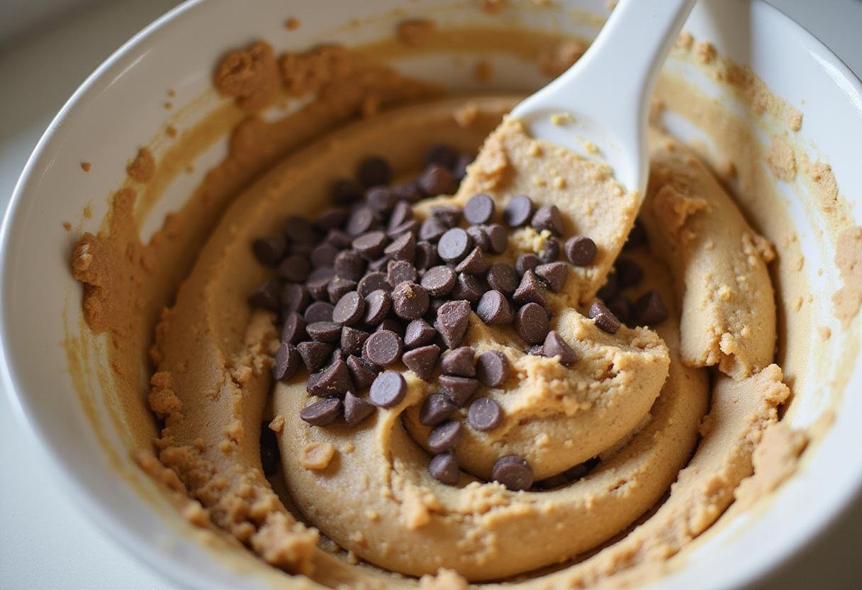 Folding chocolate chips into cookie dough for eggless chocolate chip cookies - delicious chunks being incorporated.